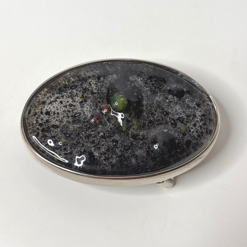 Oval Belt Buckle Resin Black Gray Green Stone Accents Mens Silver Tone Art Boho‎